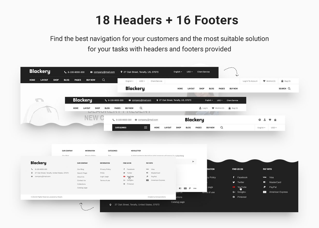 9 Headers + 8 Footers: Find the best navigation for your customers and the most suitable solution for your tasks with headers and footers provided.