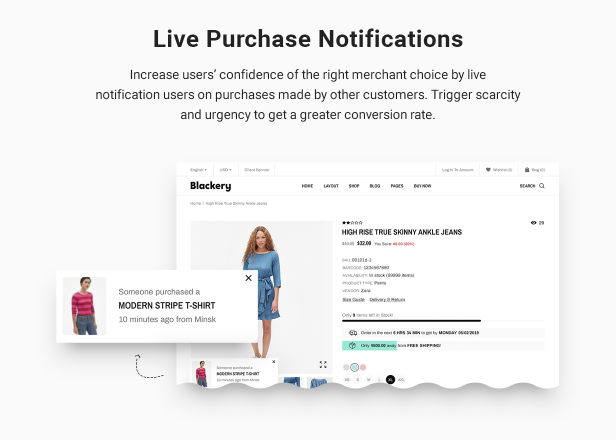 Live purchase notifications: Increase users’ confidence of the right merchant choice by live notification users on purchases made by other customers. Trigger scarcity and urgency to get a greater conversion rate.
