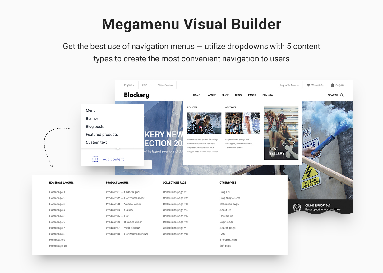 Megamenu visual builder: Get the best use of navigation menus — utilize dropdowns with 5 content types to create the most convenient navigation to users.