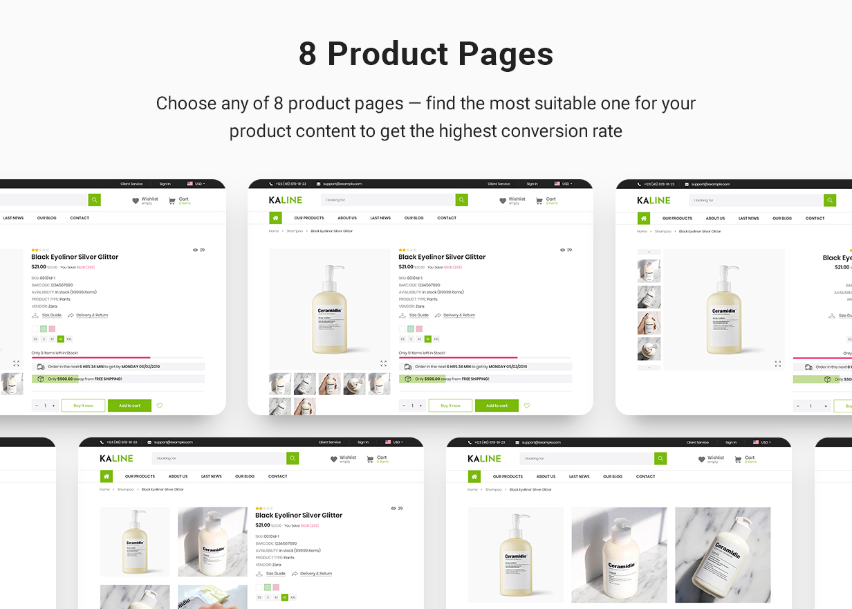 8 product pages: Choose any of 8 product pages — find the most suitable one for your product content to get the highest conversion rate