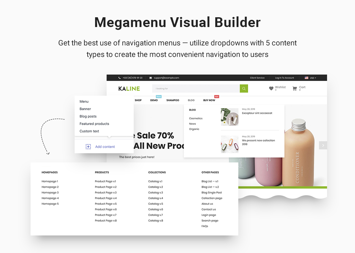 Megamenu visual builder: Get the best use of navigation menus — utilize dropdowns with 5 content types to create the most convenient navigation to users