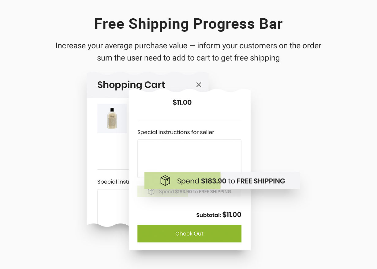 Free shipping progress bar: Increase your average purchase value — inform your customers on the order sum the user need to add to cart to get free shipping